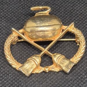 VINTAGE Gold Tone Curling Rock And Brooms Themed Brooch